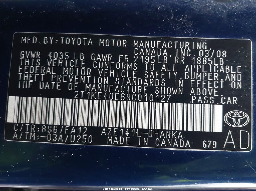 2009 Toyota Matrix S VIN: 2T1KE40E69C010127 Lot: 43662318