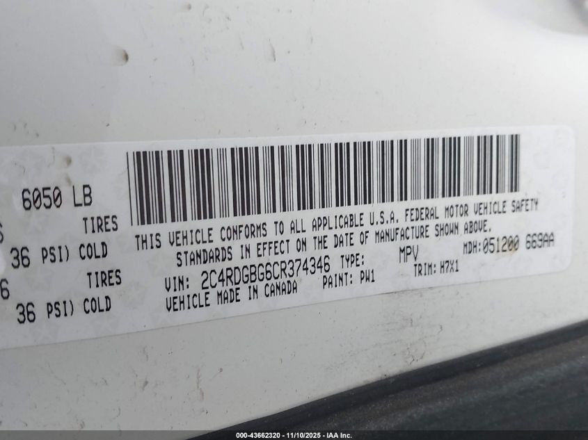 2012 Dodge Grand Caravan Se/Avp VIN: 2C4RDGBG6CR374346 Lot: 43662320