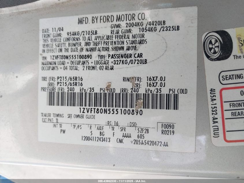 2005 Ford Mustang V6 Deluxe/V6 Premium VIN: 1ZVFT80N555100890 Lot: 43662330