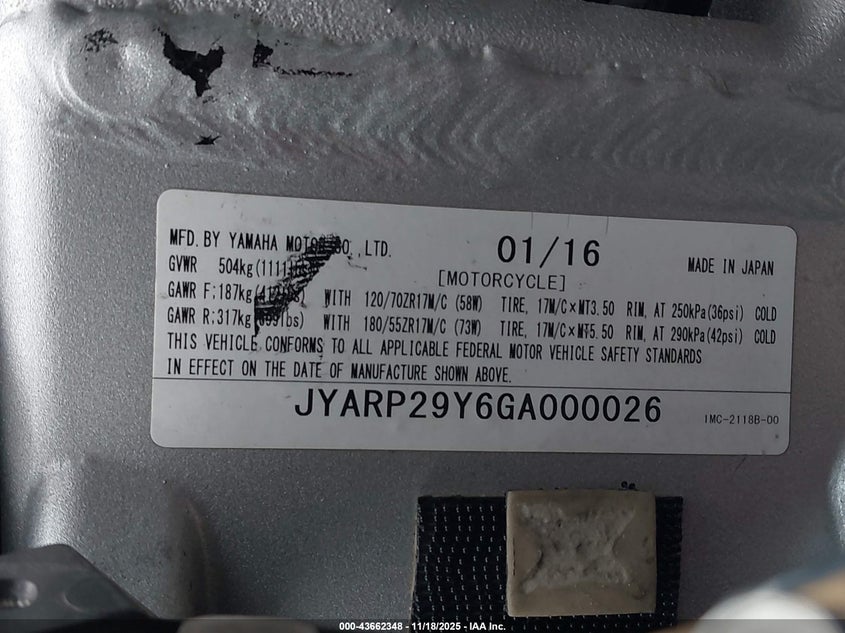2016 Yamaha Fjr1300 Ac VIN: JYARP29Y6GA000026 Lot: 43662348