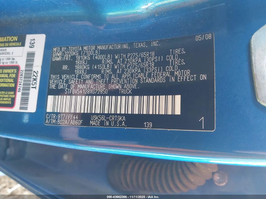 2008 Toyota Tundra Sr5 5.7L V8 VIN: 5TFBV54128X072850 Lot: 43662366