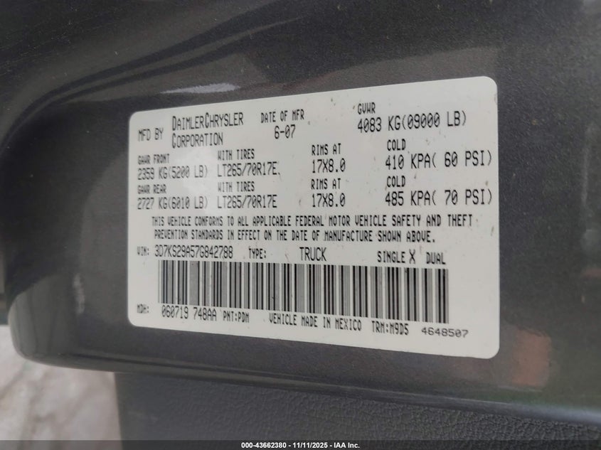 2007 Dodge Ram 2500 Slt VIN: 3D7KS29A57G842788 Lot: 43662380