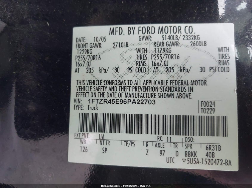 2006 Ford Ranger Fx4 Level Ii/Fx4 Off-Road/Sport/Xlt VIN: 1FTZR45E96PA22703 Lot: 43662386