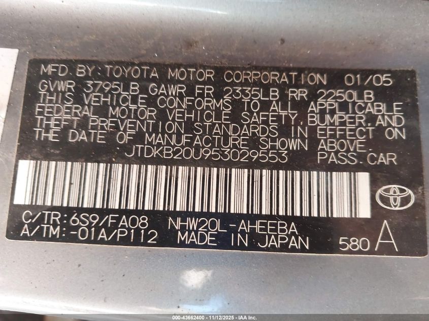 2005 Toyota Prius VIN: JTDKB20U953029553 Lot: 43662400