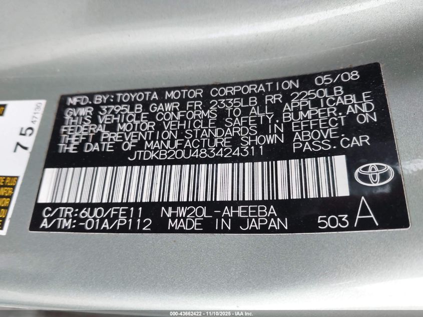2008 Toyota Prius VIN: JTDKB20U483424311 Lot: 43662422