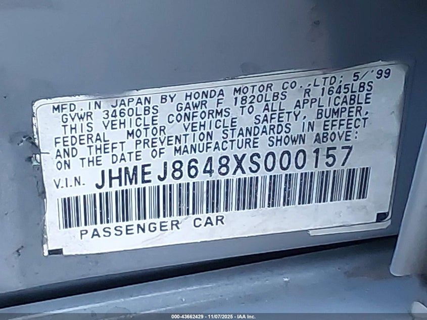 JHMEJ8648XS000157 1999 HONDA CIVIC photo no. 9