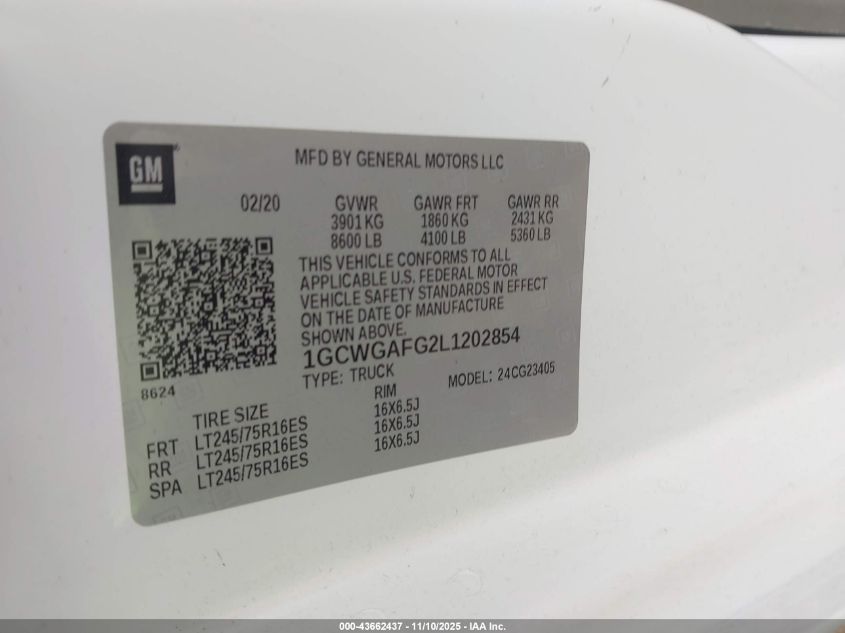 2020 Chevrolet Express Cargo Rwd 2500 Regular Wheelbase Wt VIN: 1GCWGAFG2L1202854 Lot: 43662437