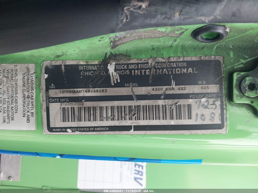 2004 International 4000 4300 VIN: 1HTMMAAN74H668183 Lot: 43662441