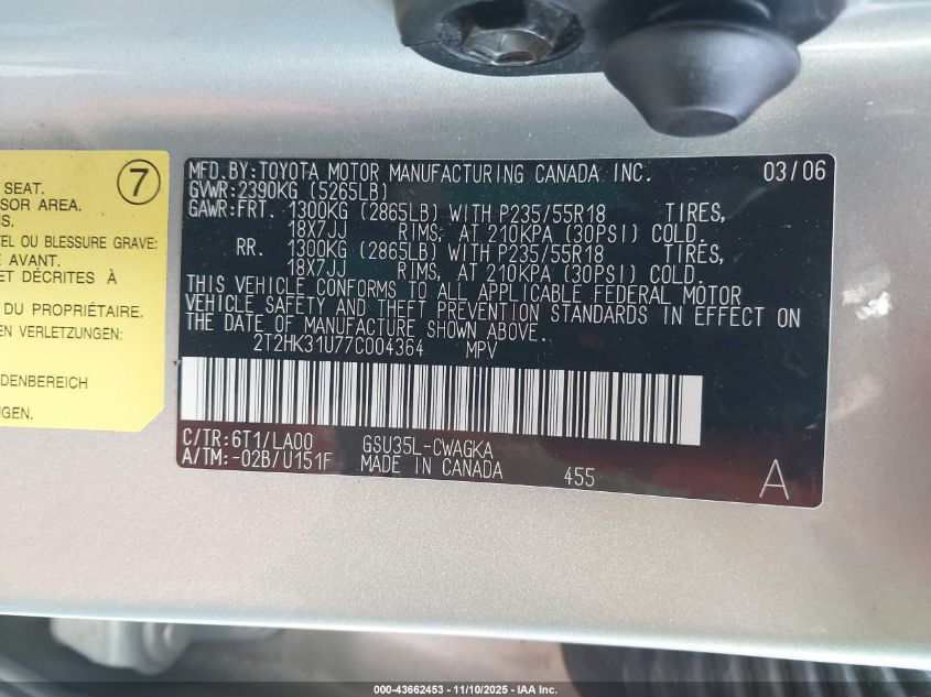 2007 Lexus Rx 350 VIN: 2T2HK31U77C004364 Lot: 43662453