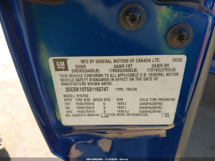2003 Chevrolet Silverado 1500 Lt VIN: 2GCEK19T531165747 Lot: 43662468