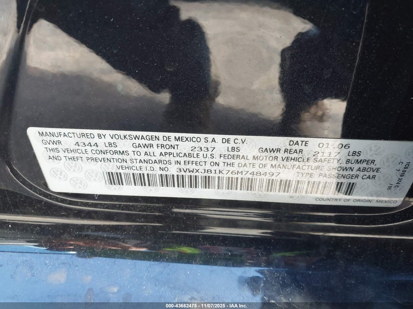 2006 Volkswagen Jetta Gli VIN: 3VWXJ81K76M748497 Lot: 43662475