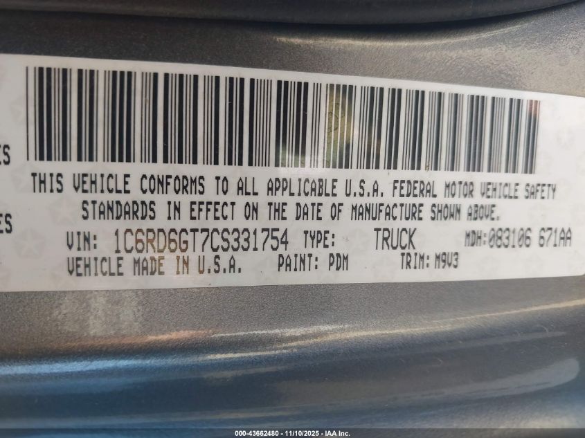2012 Ram 1500 Slt VIN: 1C6RD6GT7CS331754 Lot: 43662480