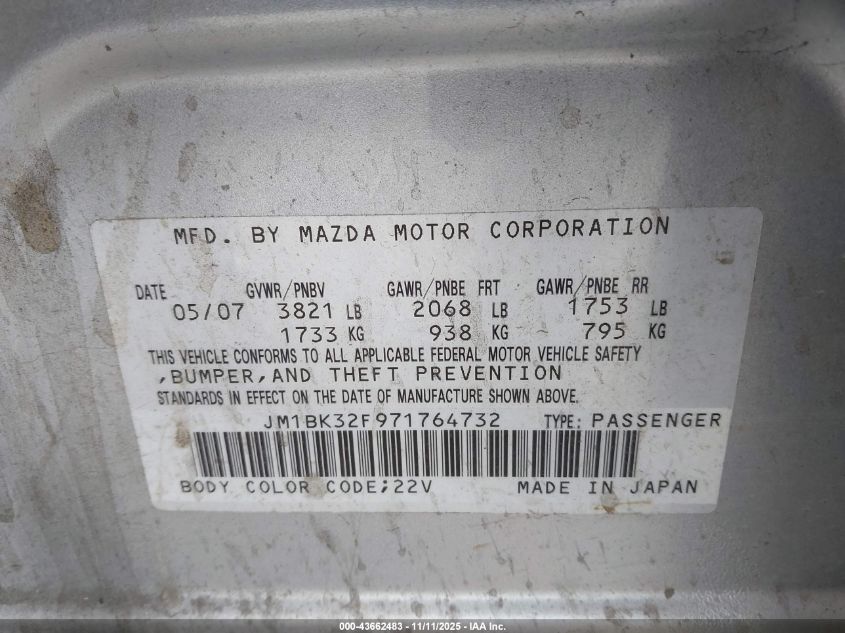 2007 Mazda Mazda3 I VIN: JM1BK32F971764732 Lot: 43662483