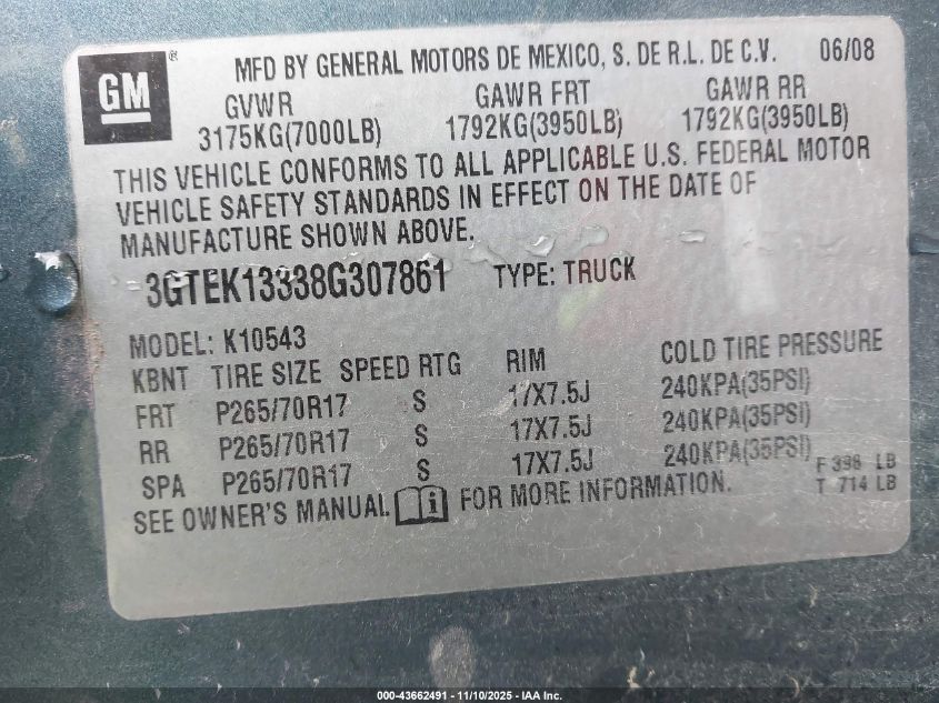 2008 GMC Sierra 1500 Sle1 VIN: 3GTEK13338G307861 Lot: 43662491
