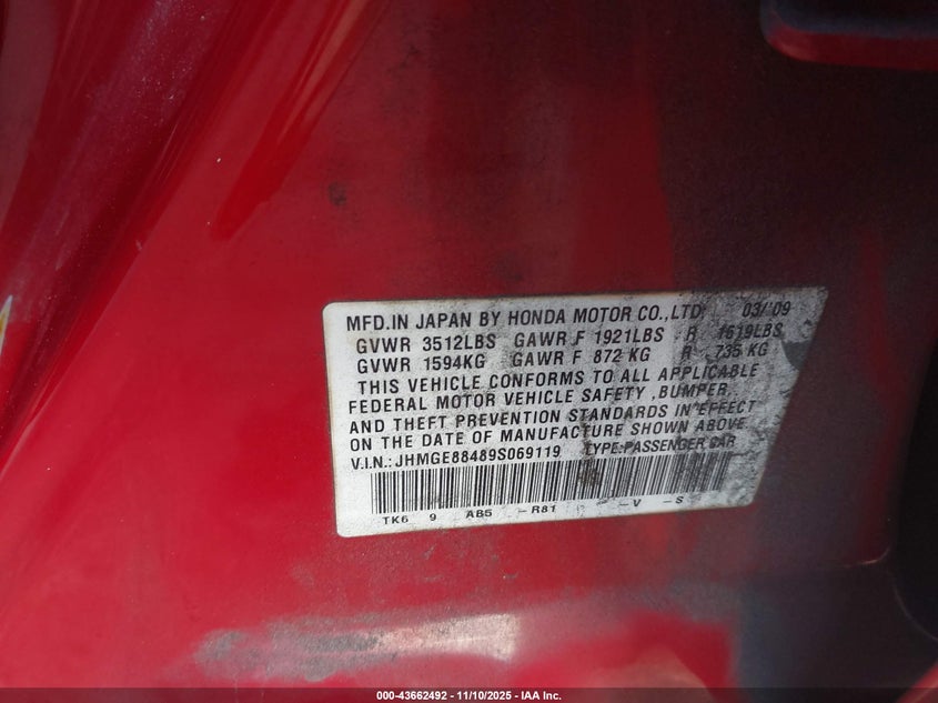 2009 Honda Fit Sport VIN: JHMGE88489S069119 Lot: 43662492