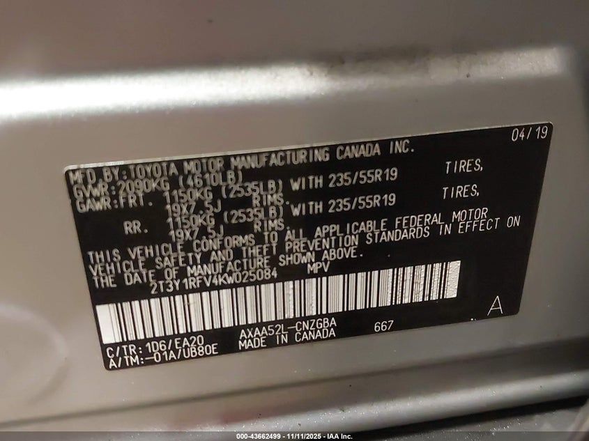 2019 TOYOTA RAV4 LIMITED - 2T3Y1RFV4KW025084