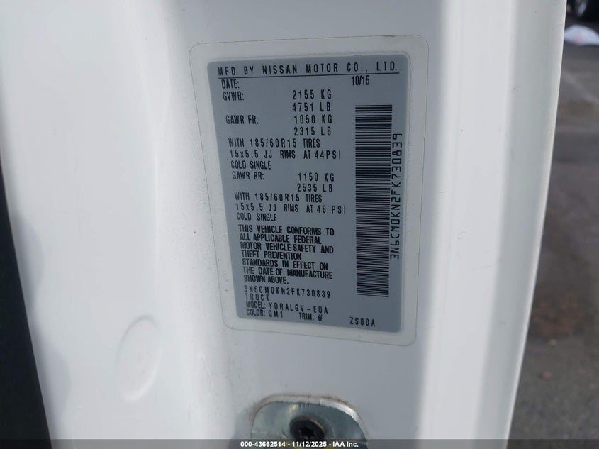 2015 Nissan Nv200 Sv VIN: 3N6CM0KN2FK730839 Lot: 43662514