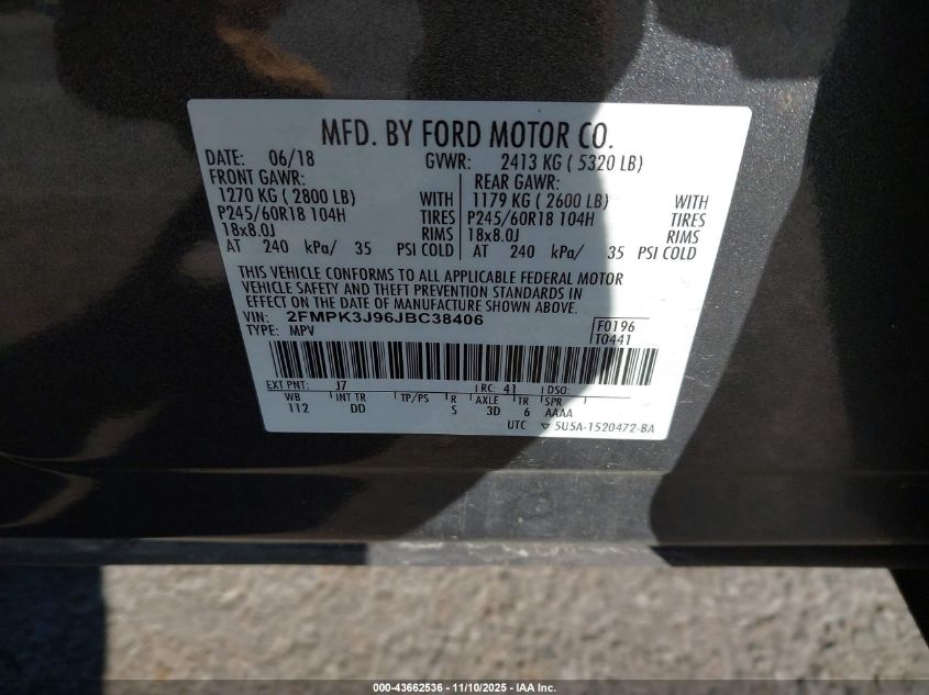 2018 Ford Edge Sel VIN: 2FMPK3J96JBC38406 Lot: 43662536