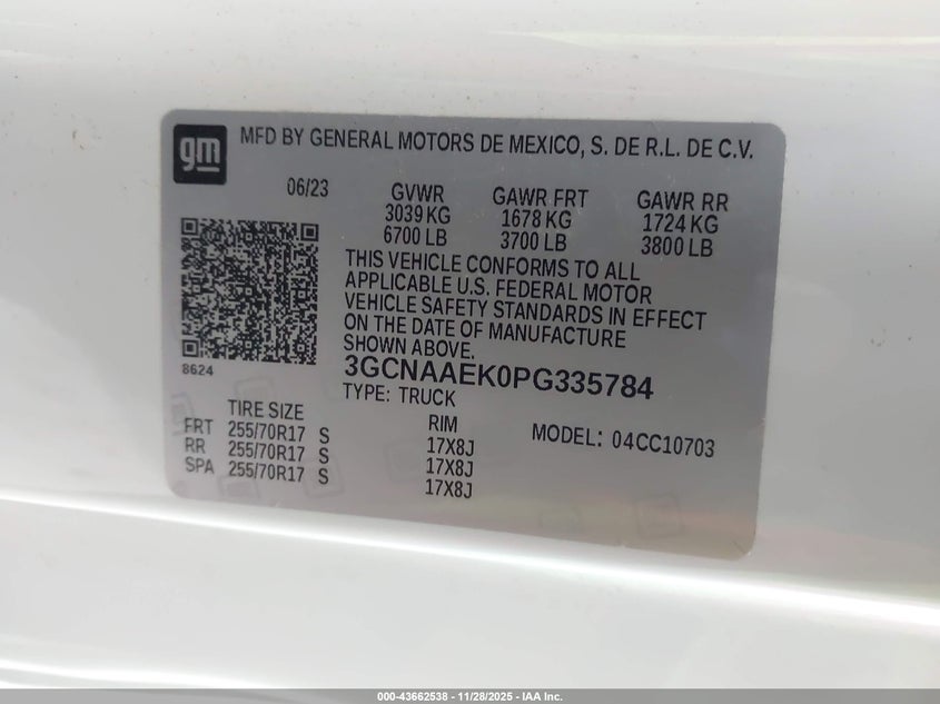 2023 Chevrolet Silverado 1500 2Wd Standard Bed Wt VIN: 3GCNAAEK0PG335784 Lot: 43662538