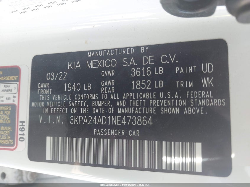 2022 Kia Rio S VIN: 3KPA24AD1NE473864 Lot: 43662548