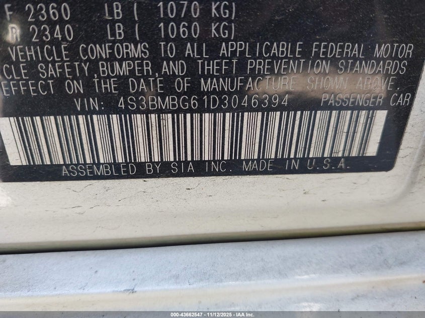 2013 Subaru Legacy 2.5I Premium VIN: 4S3BMBG61D3046394 Lot: 43662547