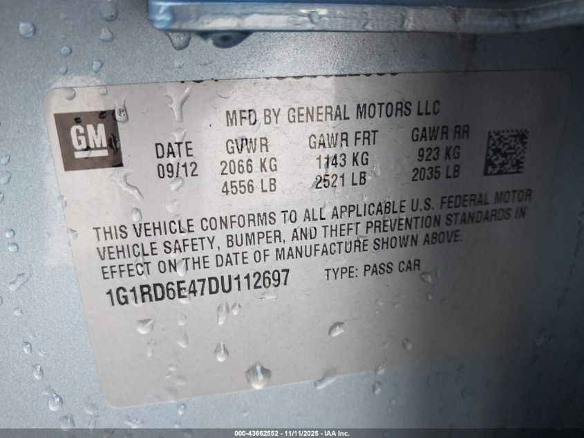 2013 Chevrolet Volt VIN: 1G1RD6E47DU112697 Lot: 43662552