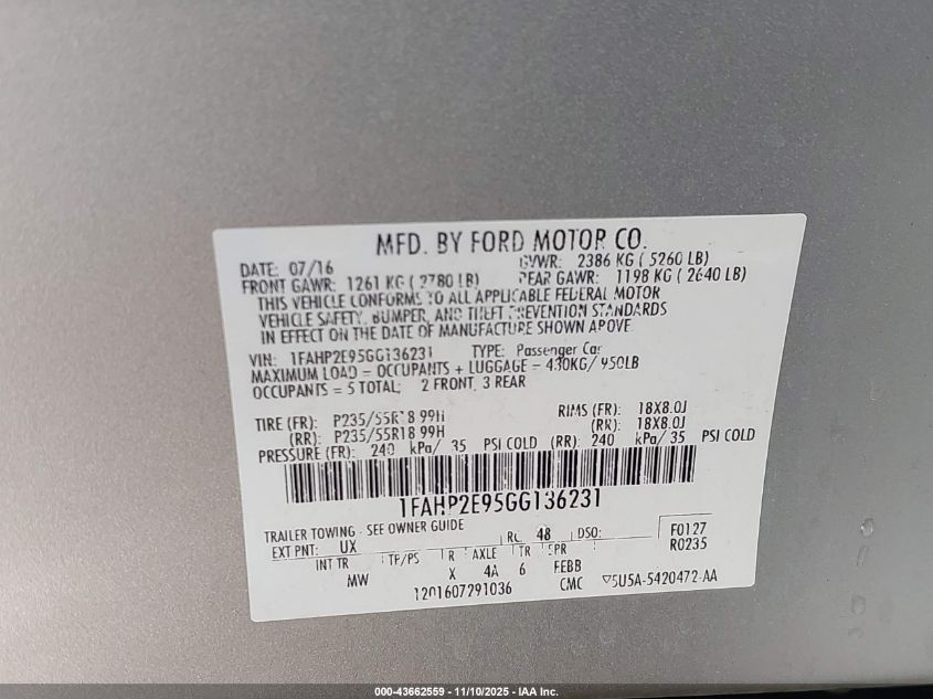 2016 Ford Taurus Sel VIN: 1FAHP2E95GG136231 Lot: 43662559