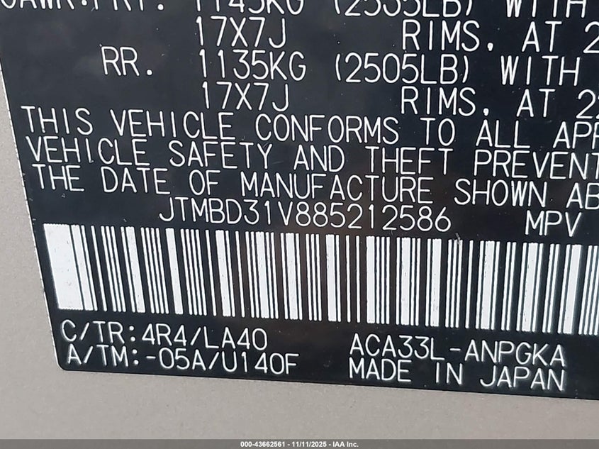 2008 Toyota Rav4 Limited VIN: JTMBD31V885212586 Lot: 43662561