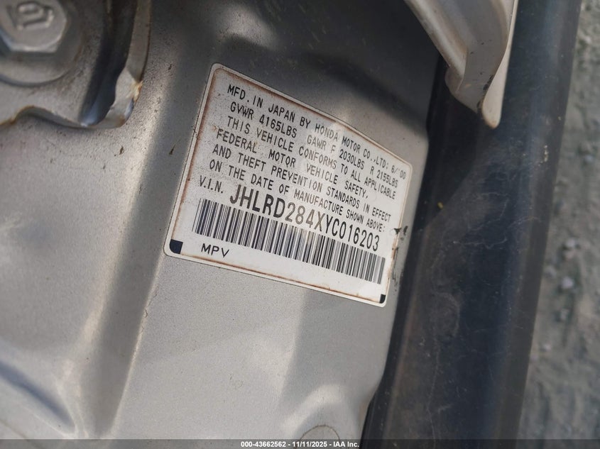 2000 Honda Cr-V Lx VIN: JHLRD284XYC016203 Lot: 43662562