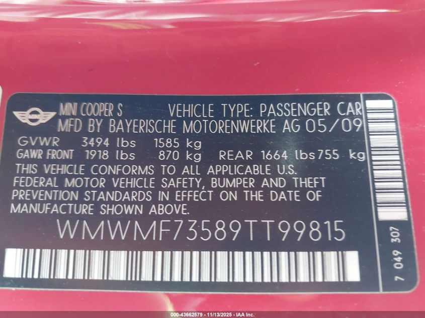 2009 Mini Cooper VIN: WMWMF73589TT99815 Lot: 43662579