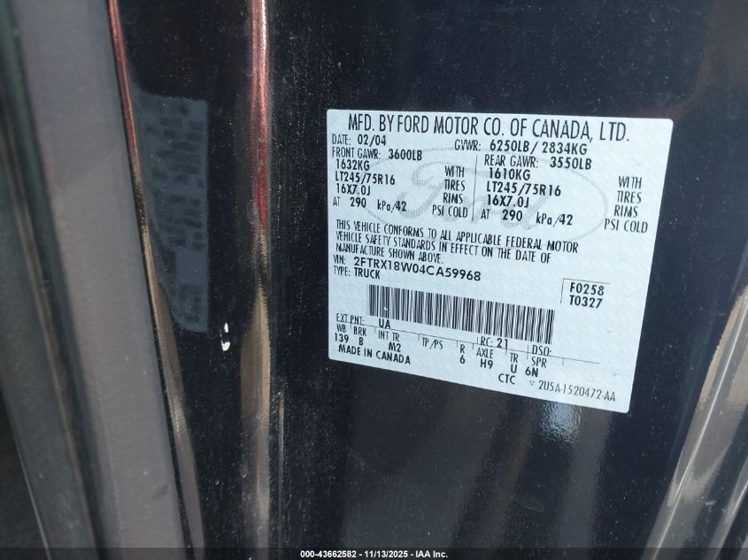 2004 Ford F-150 Heritage Xl/Xlt VIN: 2FTRX18W04CA59968 Lot: 43662582