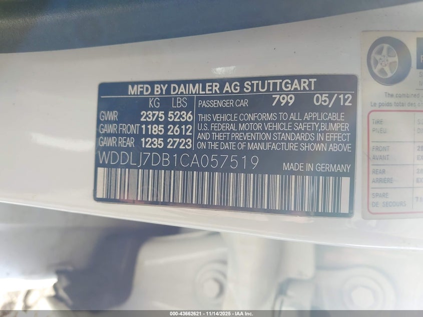 2012 Mercedes-Benz Cls 550 VIN: WDDLJ7DB1CA057519 Lot: 43662621