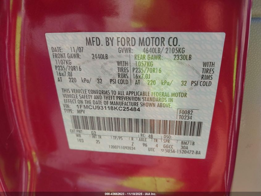 2008 Ford Escape Xlt VIN: 1FMCU93118KC25484 Lot: 43662623