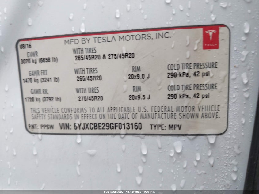 2016 Tesla Model X 60D/70D/75D/90D/P100D VIN: 5YJXCBE29GF013160 Lot: 43662627