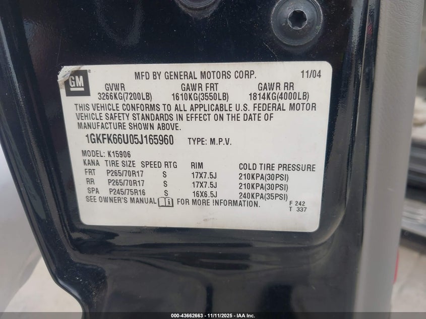 1GKFK66U05J165960 2005 GMC YUKON photo no. 9