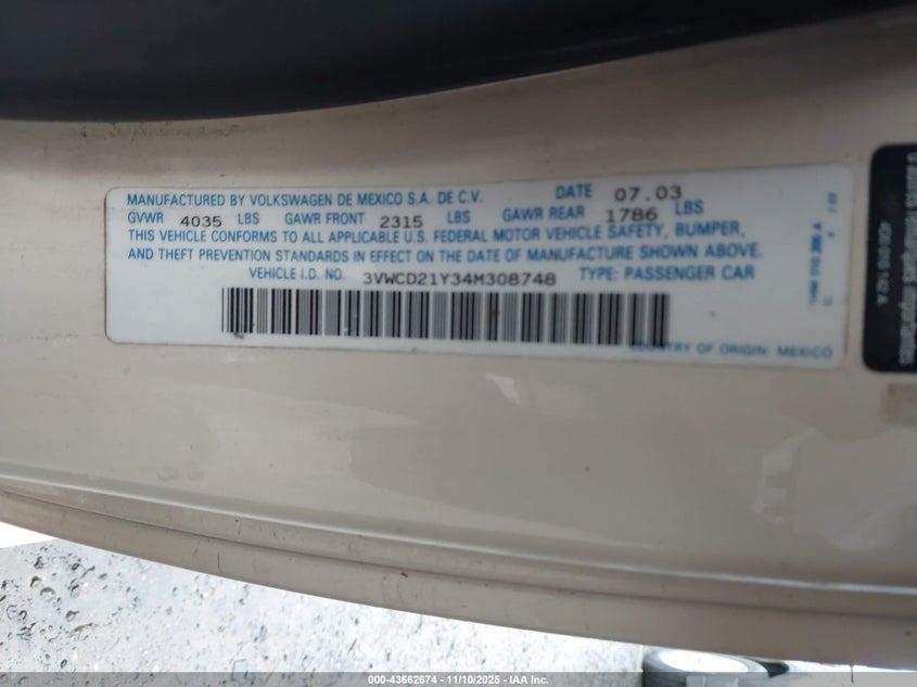 2004 Volkswagen New Beetle Gls 1.8T VIN: 3VWCD21Y34M308748 Lot: 43662674