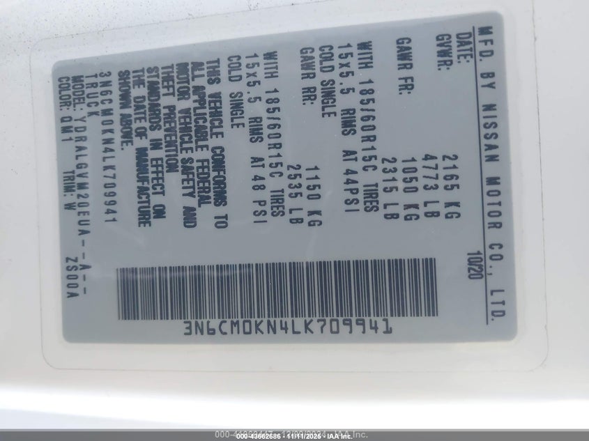 2020 Nissan Nv200 Compact Cargo Sv Xtronic Cvt VIN: 3N6CM0KN4LK709941 Lot: 43662686