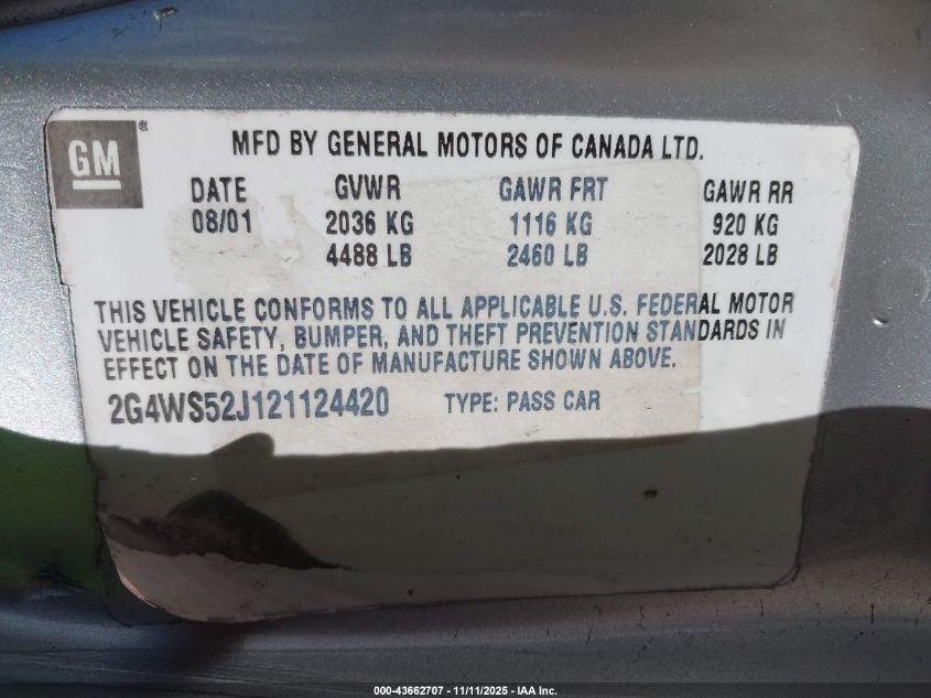 2002 Buick Century Custom VIN: 2G4WS52J121124420 Lot: 43662707