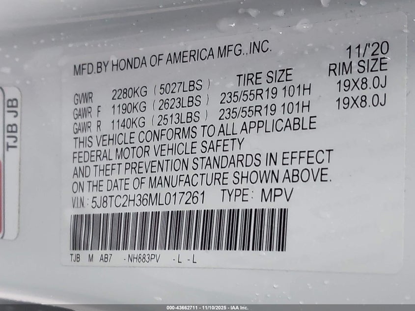 2021 Acura Rdx Standard VIN: 5J8TC2H36ML017261 Lot: 43662711