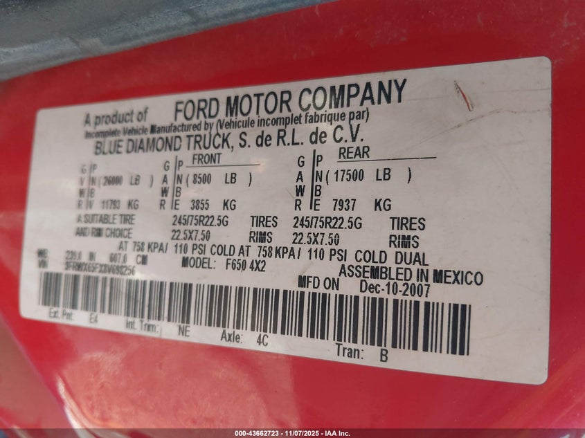 2008 Ford F-650 Xl/Xlt VIN: 3FRWX65FX8V698256 Lot: 43662723