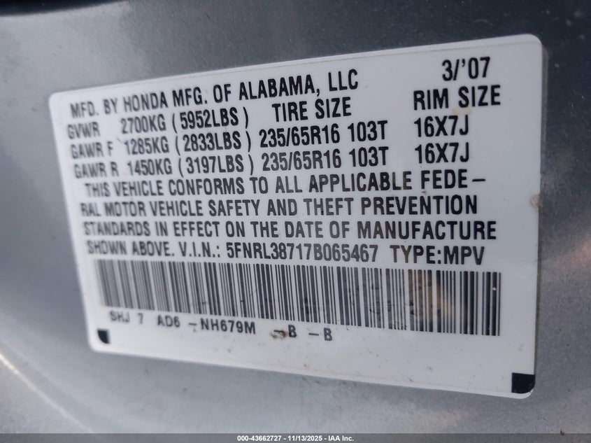 5FNRL38717B065467 2007 HONDA ODYSSEY photo no. 9