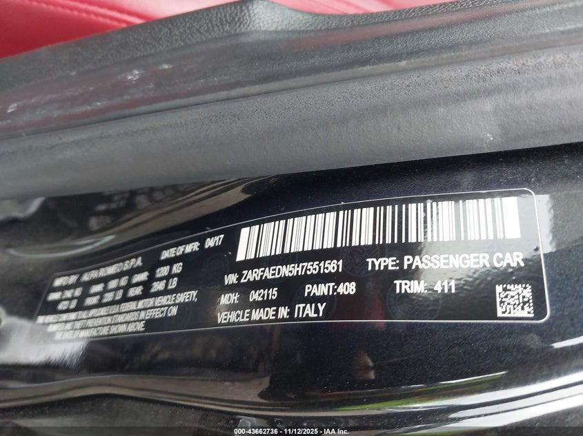 2017 ALFA ROMEO GIULIA AWD ZARFAEDN5H7551561