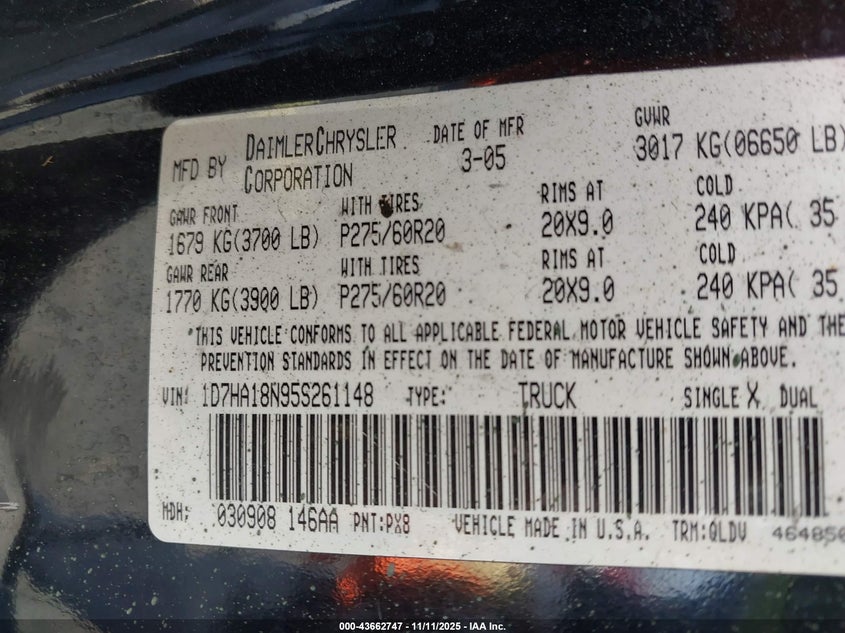 2005 Dodge Ram 1500 Slt/Laramie VIN: 1D7HA18N95S261148 Lot: 43662747