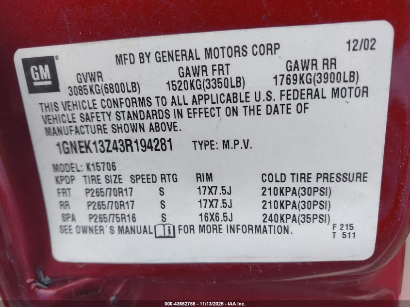 2003 Chevrolet Tahoe Z71 VIN: 1GNEK13Z43R194281 Lot: 43662758