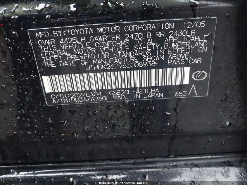 JTHBK262965008938 2006 LEXUS IS photo no. 9
