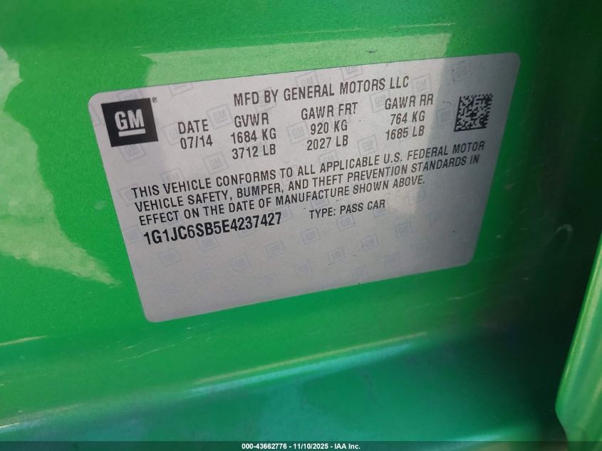 2014 Chevrolet Sonic Lt Auto VIN: 1G1JC6SB5E4237427 Lot: 43662776