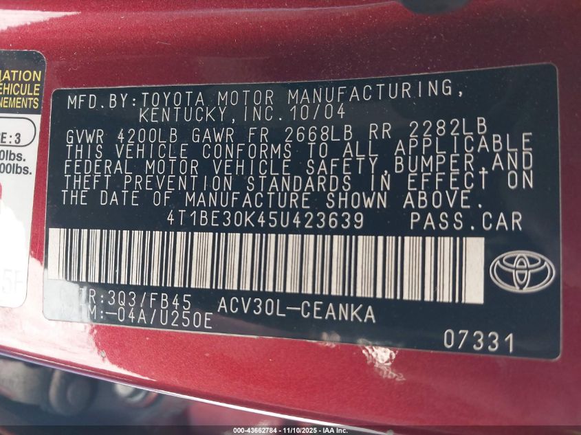 2005 Toyota Camry Le VIN: 4T1BE30K45U423639 Lot: 43662784