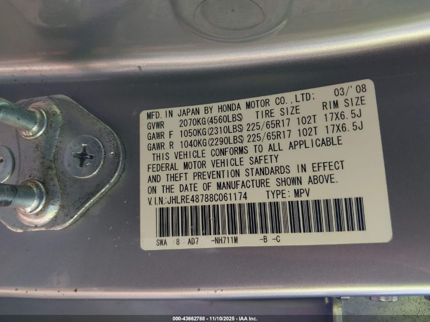 2008 Honda Cr-V Ex-L VIN: JHLRE48788C061174 Lot: 43662788