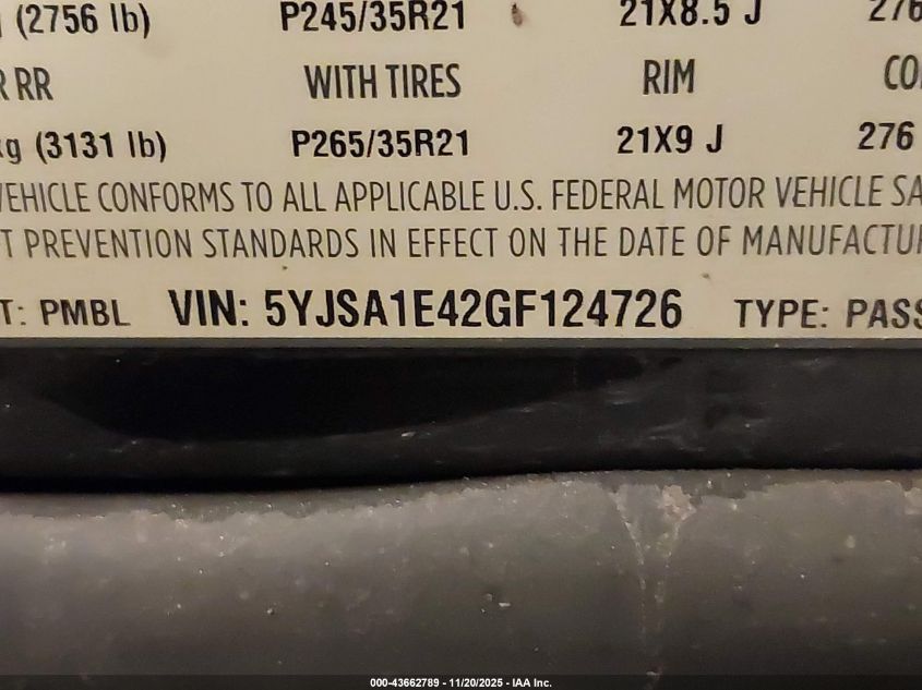 2016 Tesla Model S 90D/P100D/P85D/P90D VIN: 5YJSA1E42GF124726 Lot: 43662789