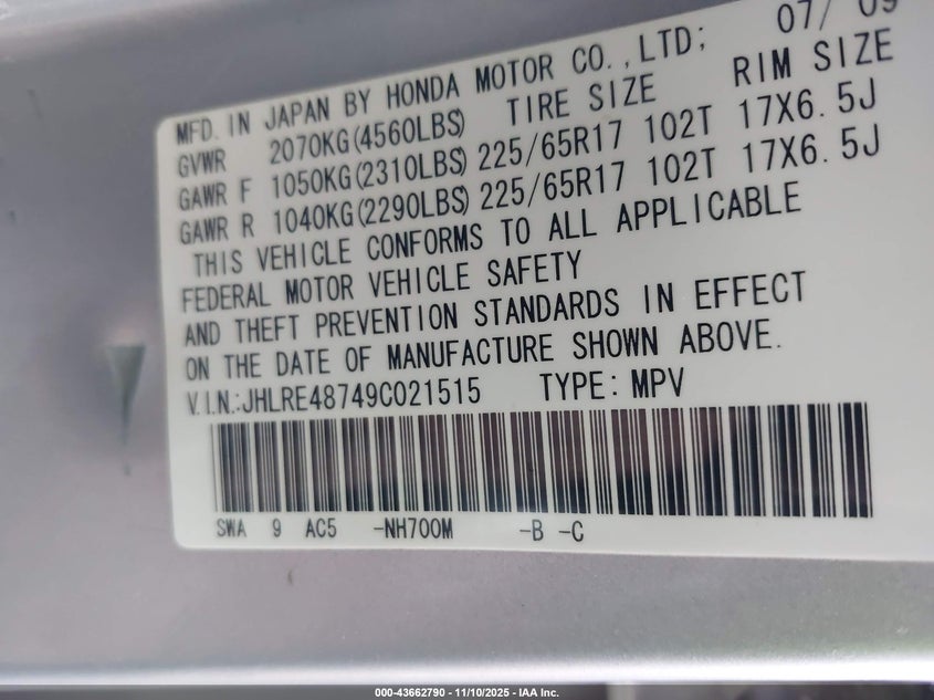 JHLRE48749C021515 2009 HONDA CR-V photo no. 9